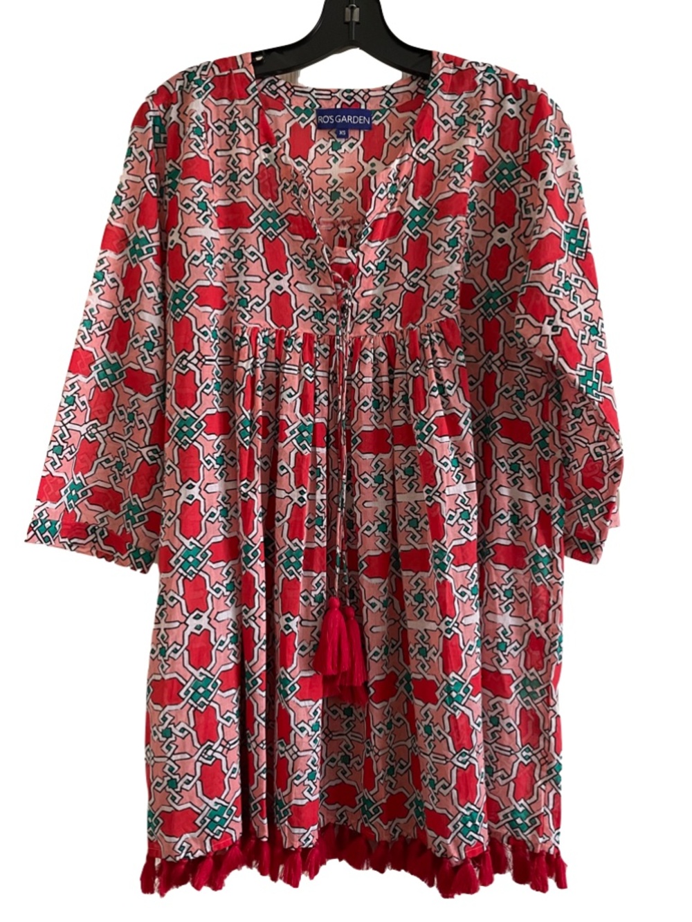 Ro's Garden Anthropologie Seychelles Tunic Coverup Pink Red Abstract Tassel